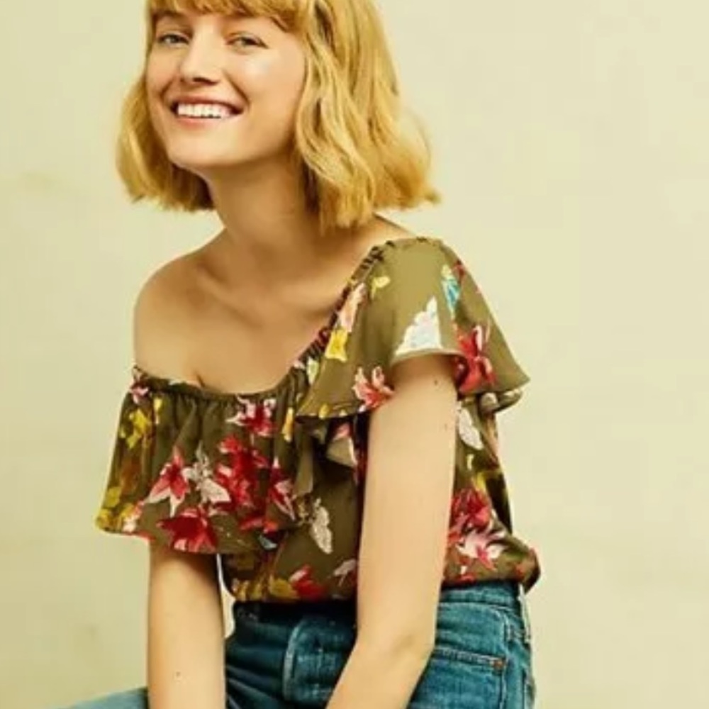Maeve Vallita Off Shoulder Top Green Floral Ruffle